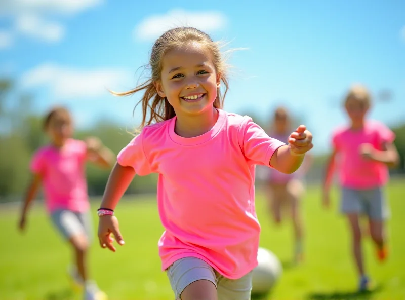 A young girl playing football with a bright smile on her face, surrounded by teammates.