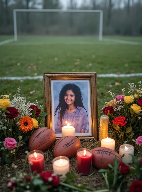 A makeshift memorial with flowers, candles, and footballs at the edge of a sports pitch.