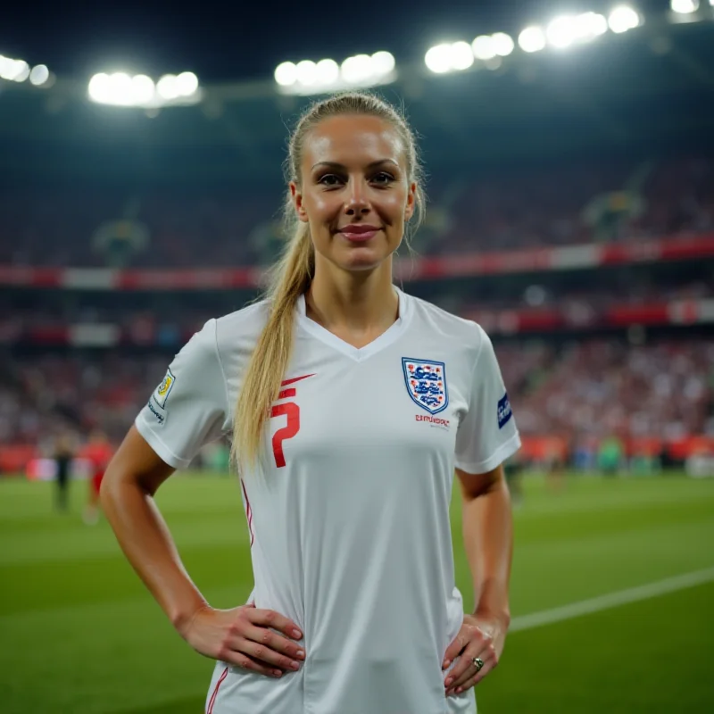 Georgia Stanway in her England national team kit, smiling confidently on the football field.