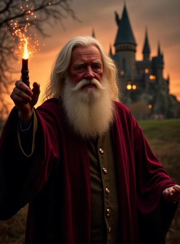 John Lithgow as Dumbledore, wearing Hogwarts robes, holding a wand, in front of Hogwarts castle