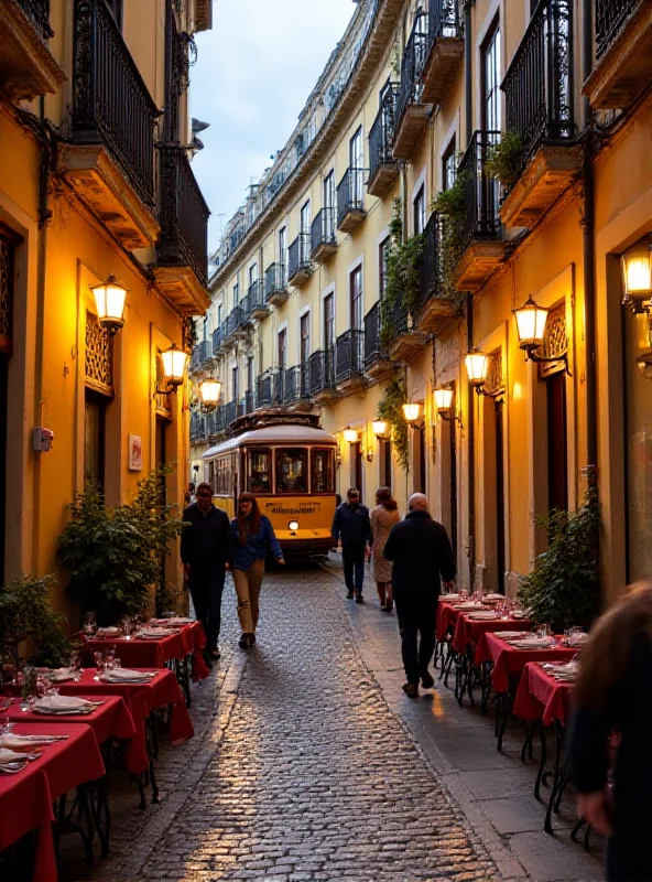 A street scene in Lisbon's Alfama district with narrow cobblestone streets and colorful buildings.