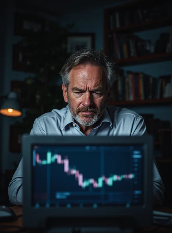 A worried investor looking at a computer screen showing a declining stock chart.