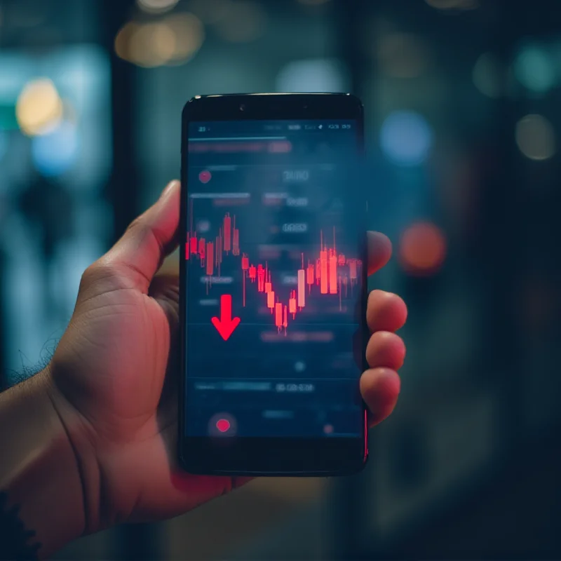 A hand holding a smartphone displaying a stock trading app, with a red downward arrow indicating a loss.