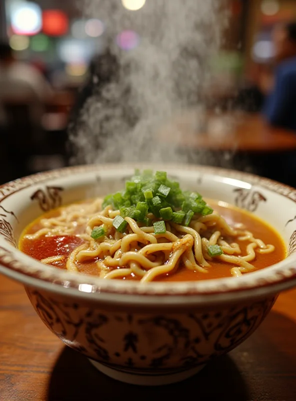 A steaming bowl of noodles in a Chinese restaurant setting.