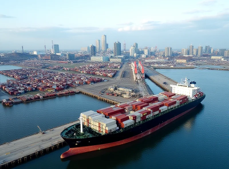 Aerial view of the Port of Liverpool with a large cargo ship docked at the new berth, containers stacked high, and the city skyline in the background.