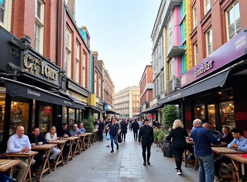 A bustling street scene in the new independent quarter in Wirral, with people enjoying outdoor seating at cafes and restaurants, street art on buildings, and a vibrant atmosphere.