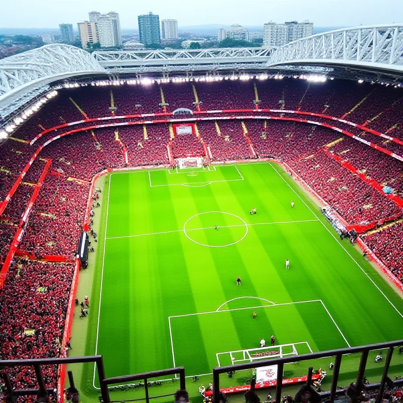 Aerial view of Anfield stadium during a Liverpool match, packed with fans