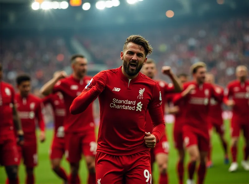 Liverpool players celebrating a goal with fans in the background.