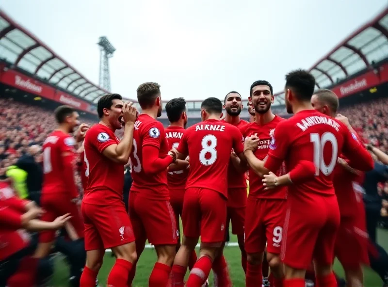 Action shot of Liverpool players celebrating a goal at Anfield stadium. The sky is overcast, and the stands are filled with cheering fans.