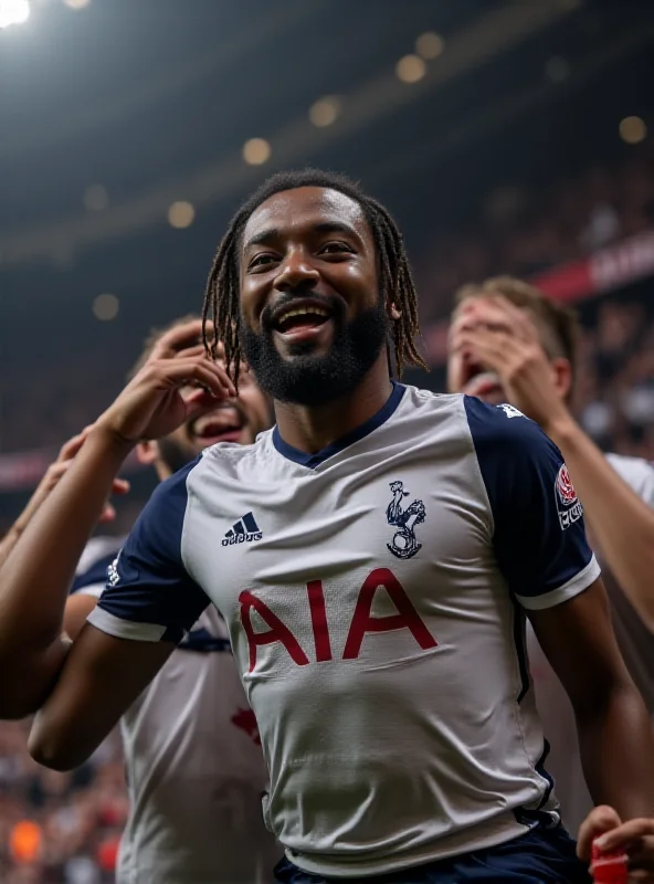 Djed Spence celebrating a goal, wearing a Tottenham Hotspur jersey. He's surrounded by teammates, and the stadium is filled with cheering fans.