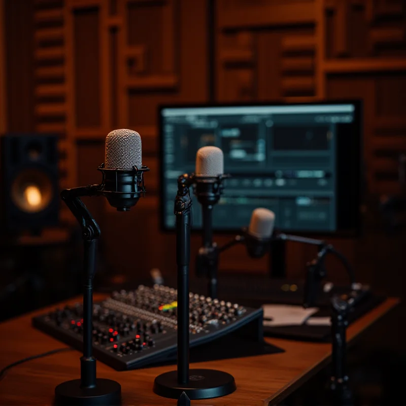 Podcast studio with microphones and sound equipment.