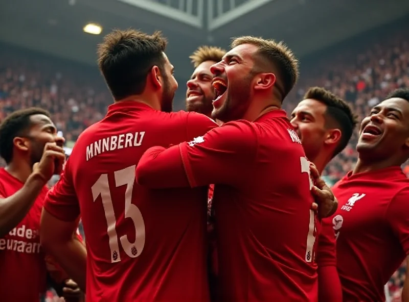 Scene of Liverpool players celebrating a goal during a Premier League match.