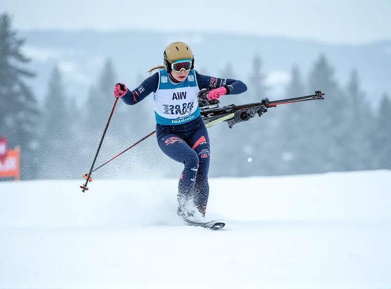 Ilona Plecháčová racing in a biathlon event, focusing intently with her rifle.