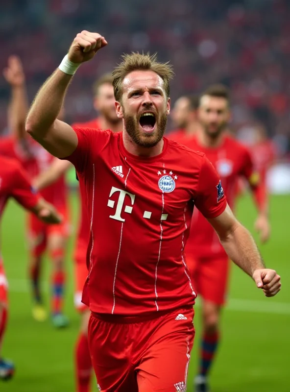 Harry Kane celebrating a goal for Bayern Munich against Bayer Leverkusen.