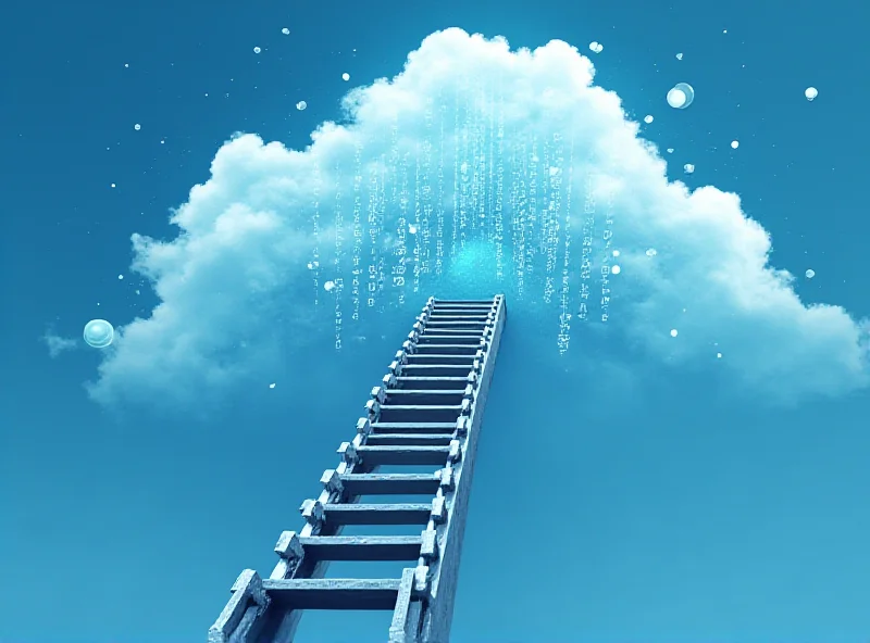 Illustration of a ladder reaching towards a cloud with abstract data representations floating around.