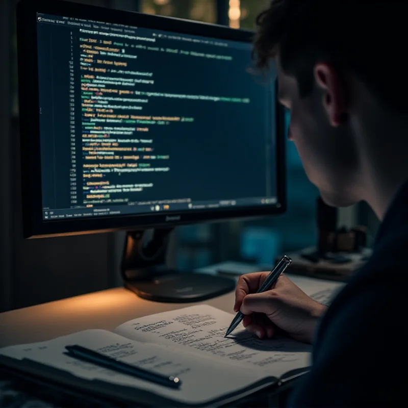 A person looking at a computer screen filled with code, with a notepad and pen beside them. The atmosphere is focused and studious.