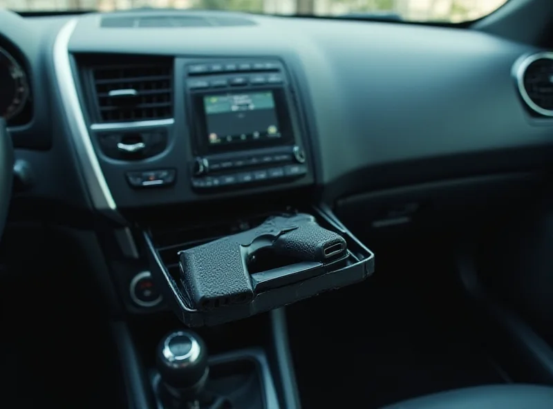 Interior of a car with a gun visible in the glove compartment