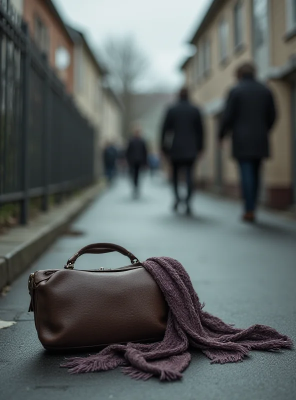 A close-up shot of personal belongings, like a handbag and a scarf, left on a sidewalk in a residential area, with blurred figures walking by in the background, conveying a sense of loss and abandonment.