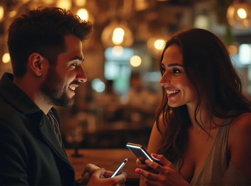 Two people smiling and looking at each other while holding smartphones, suggesting a successful online dating connection leading to an in-person meeting.