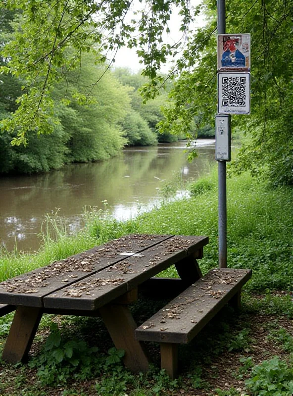 A damaged picnic table and benches near a canal in Moerbeke, with a QR code sign attached to a nearby post.