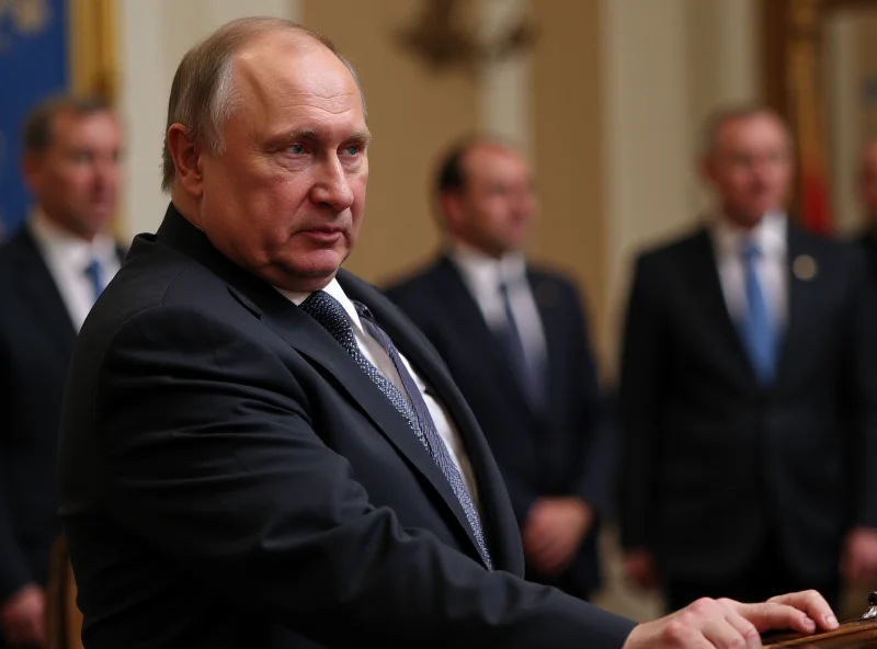 Vladimir Putin speaking at a press conference in Moscow, with FSB officials in the background.