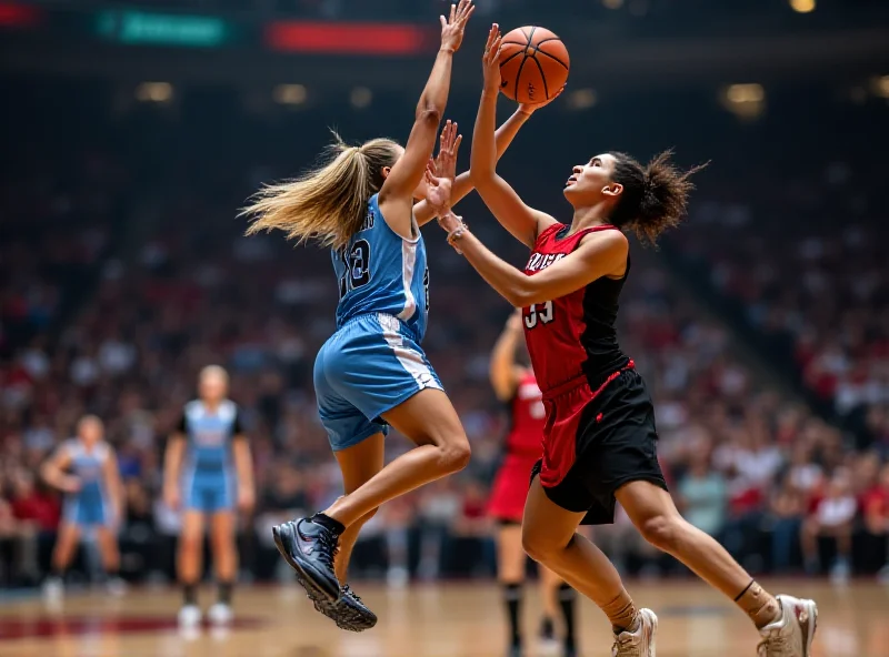 Action shot of a girls basketball game with players in motion.