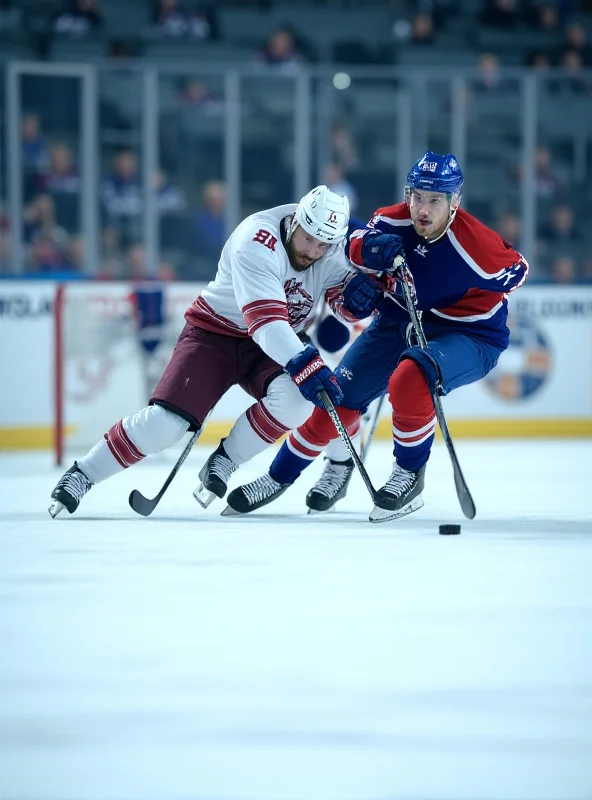 Hockey players battling for the puck near the goal.