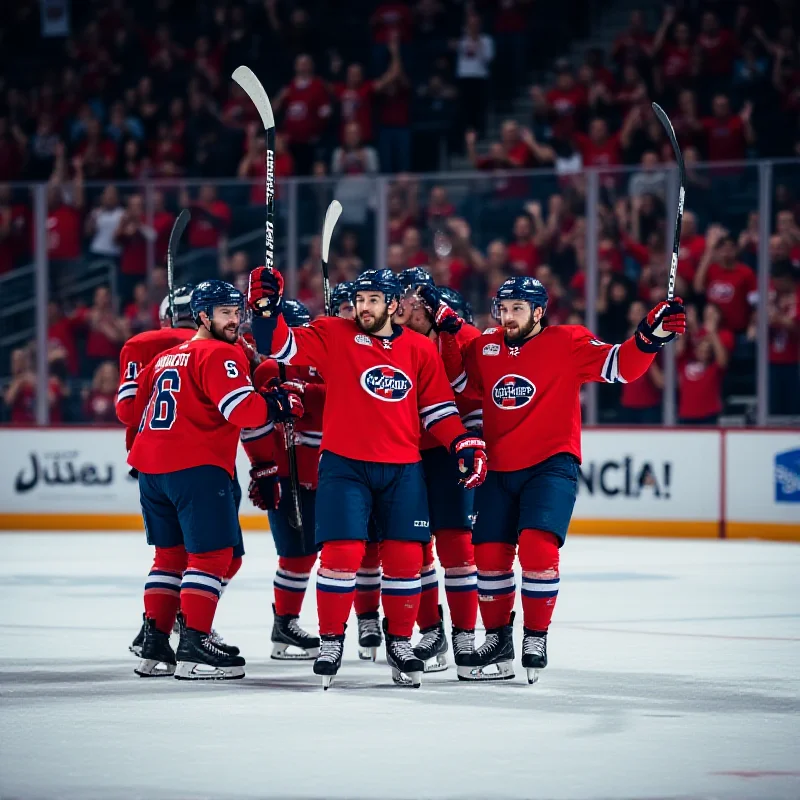 A group of hockey players celebrating a goal with their sticks raised.