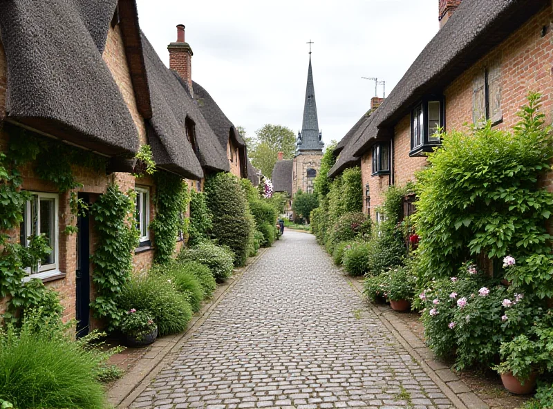 A quaint English village street scene with historic cottages.