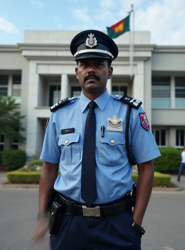 A Sri Lankan police officer in uniform standing in front of a police station.