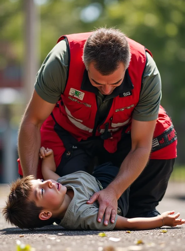 A paramedic kneeling next to a young boy, providing medical assistance. The scene should convey urgency and care.