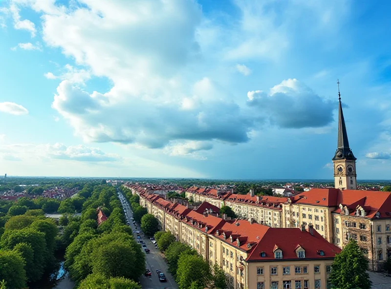 A picturesque view of Łódź, Poland, with a mix of sunshine and rain clouds in the sky, representing the unpredictable weather.