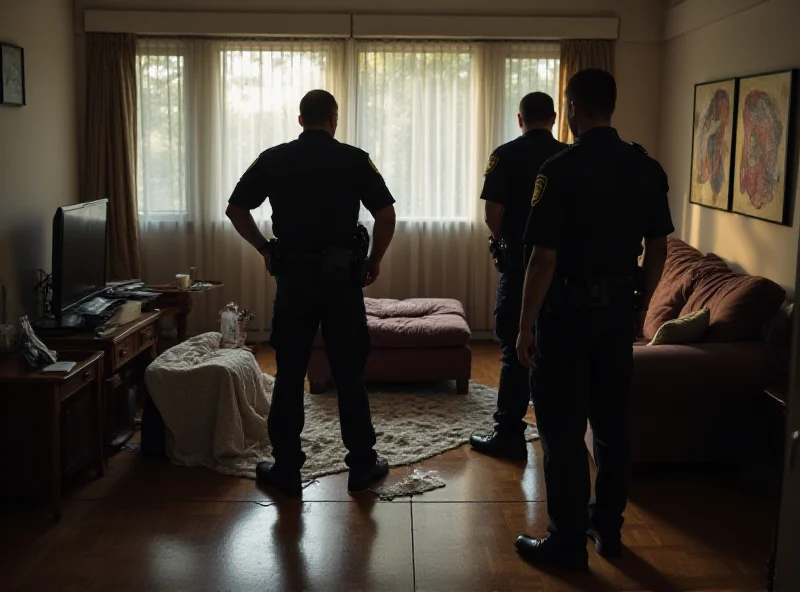 A modern apartment living room. Police officers are investigating the scene. The room is generally tidy, but there are signs of a struggle. A baby's blanket is visible. The overall mood is somber and unsettling.