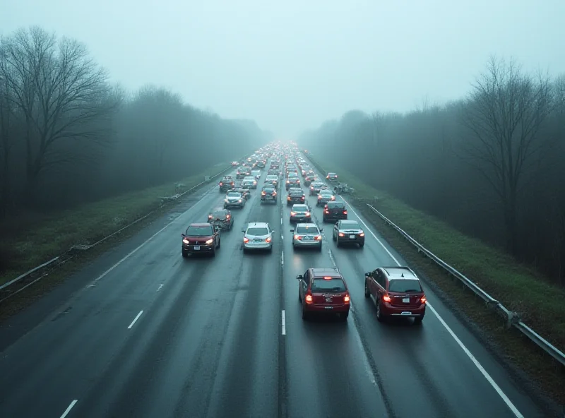 A long line of cars is stuck in traffic on a highway. In the opposite direction, several cars are driving against traffic on the shoulder. The sky is overcast and gray. The overall mood is chaotic and dangerous.