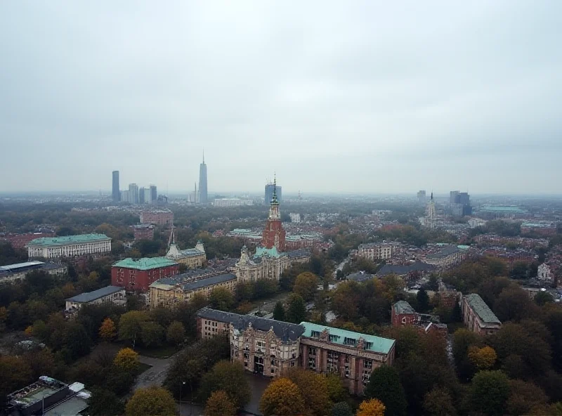 A cityscape of Łódź, Poland, on a cloudy day. The sky is gray and overcast, suggesting possible rain. Some of the city's historical buildings are visible in the background. The overall mood is calm but potentially damp.