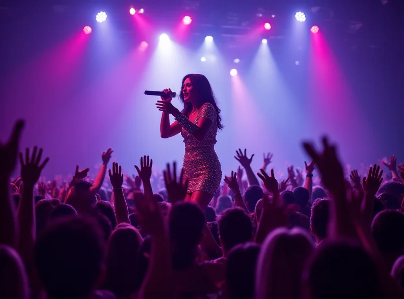 Lola Indigo performing on stage at a concert, bathed in colorful stage lights, with a large crowd cheering in the background.