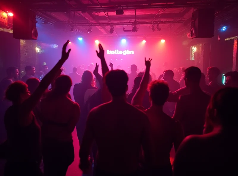 A vibrant and energetic scene inside a nightclub called Sala Wagon in Madrid. People are dancing and enjoying themselves under colorful lights. A DJ is visible in the background, playing music.