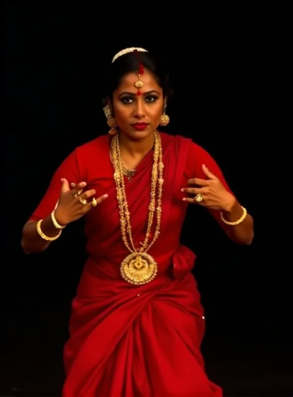 Mythili Prakash performing bharatanatyam in a red costume.