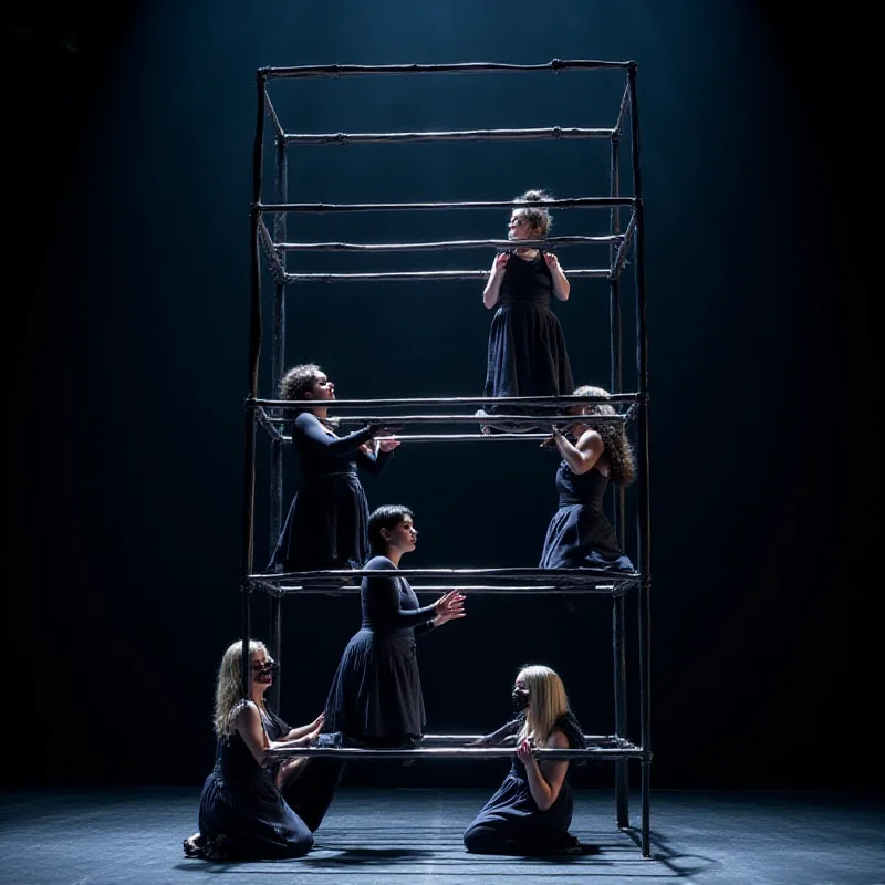 A stage with scaffolding and women in indigo costumes.