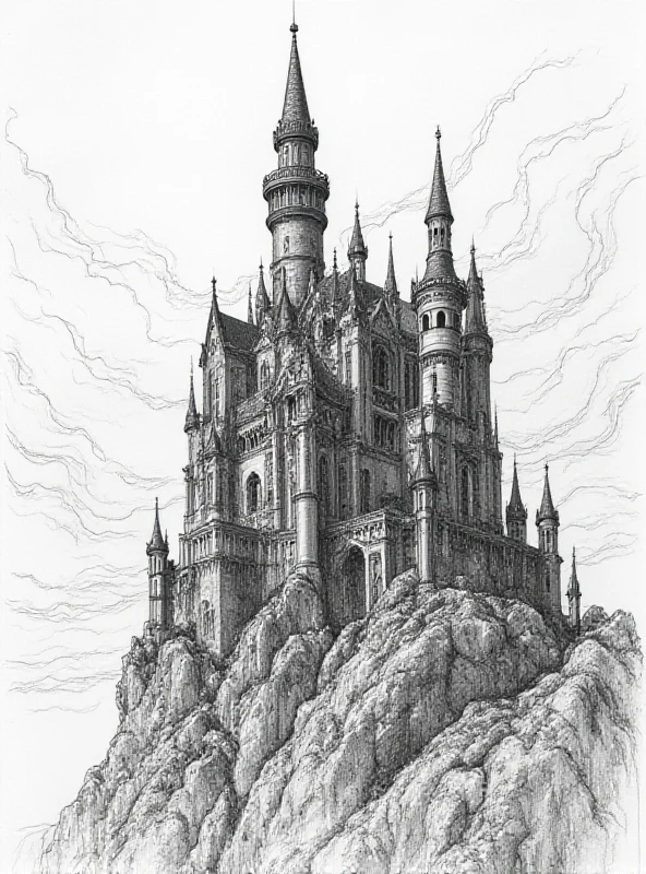 A detailed sketch by Victor Hugo depicting a fantastical castle with intricate architectural details and a dramatic sky.