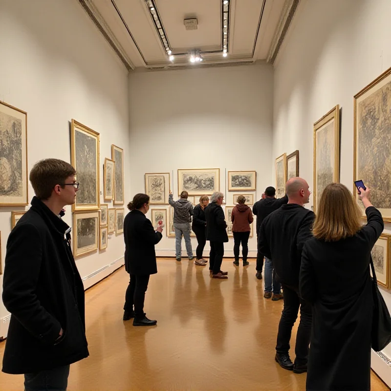 Interior of the Royal Academy exhibition, showcasing Victor Hugo's drawings displayed on the walls, with visitors admiring the artwork.