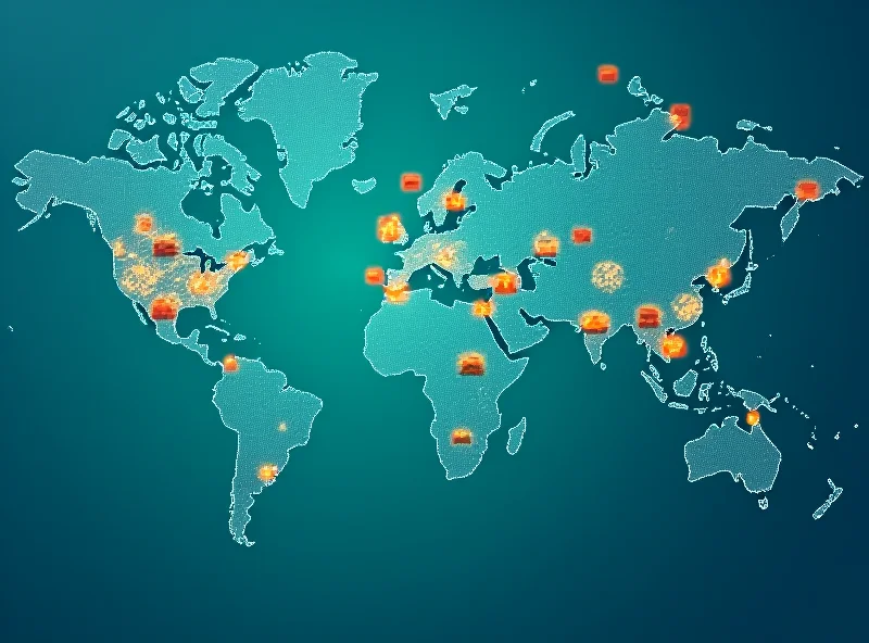 Conceptual image of global trade with interconnected digital networks and shipping containers.