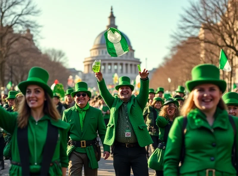 A lively St. Patrick's Day parade in London with people dressed in green, marching bands, and Irish flags.