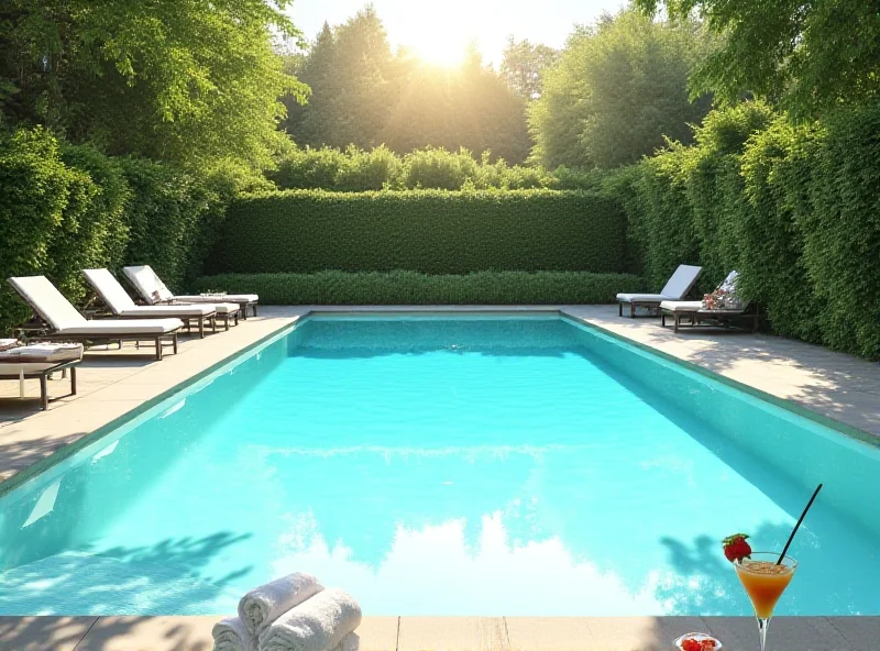A serene image of an outdoor swimming pool at The Runnymede on Thames Hotel, surrounded by lush greenery and comfortable lounge chairs.