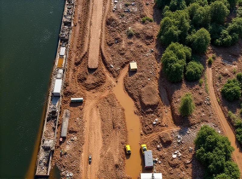 Aerial view of the damaged Samarco dam in Mariana, Brazil with rescue workers and emergency vehicles present.