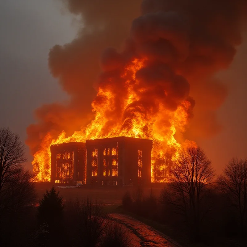 A photograph of a large building in London engulfed in flames, with thick smoke rising into the sky.