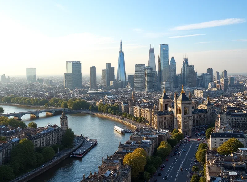 Panoramic view of the London skyline with the River Thames in the foreground, showcasing a mix of modern and historic architecture.