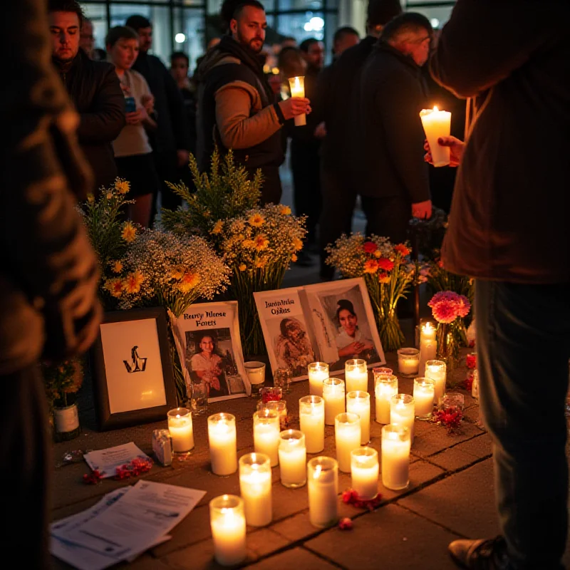 A somber vigil with candles and flowers in memory of a shooting victim in London