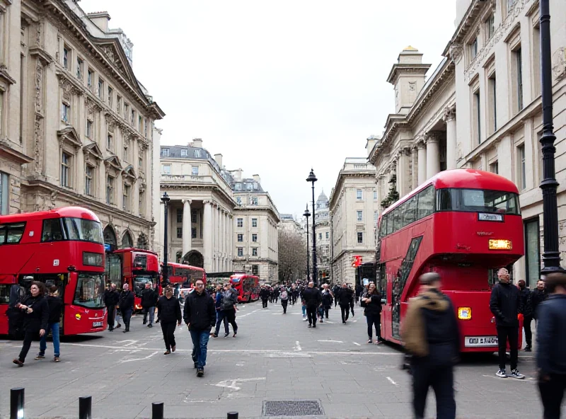 A bustling London street scene with iconic red buses and black cabs.