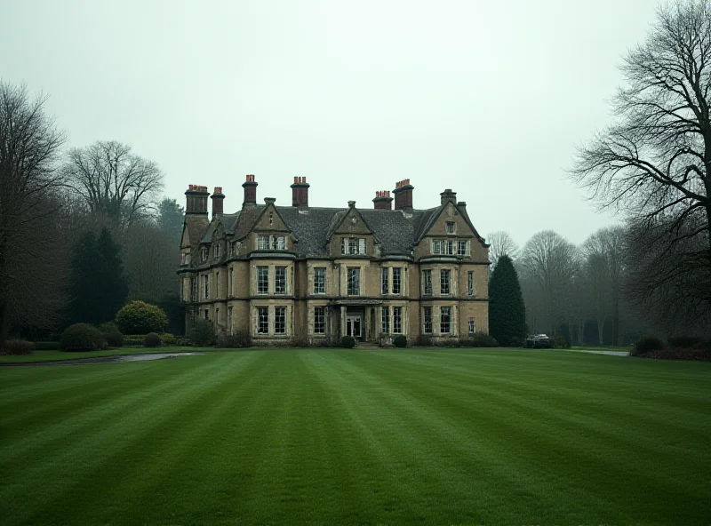 A somber photo of a traditional British manor house in the countryside.